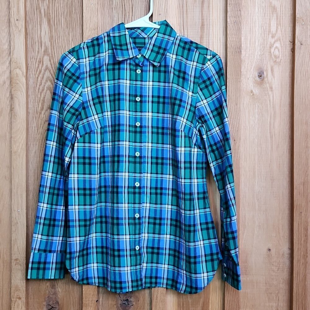 Talbots Long Sleeve Casual Button Down Shirt, XS Petite, Blue & Green Plaid